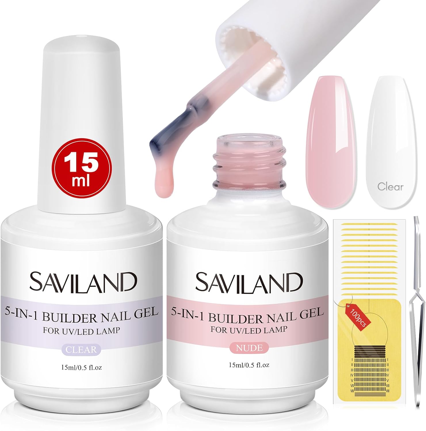 Saviland 5-in-1 builder nail gel kit with clear and nude bottles.