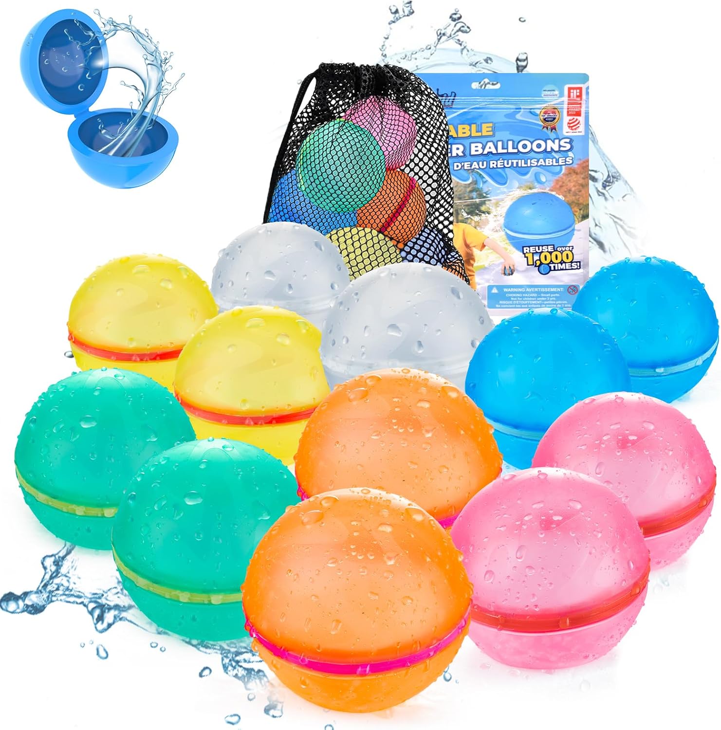 Tizikcon reusable water balloons twelve count pack front view containing vibrant multicolored silicone water bombs.