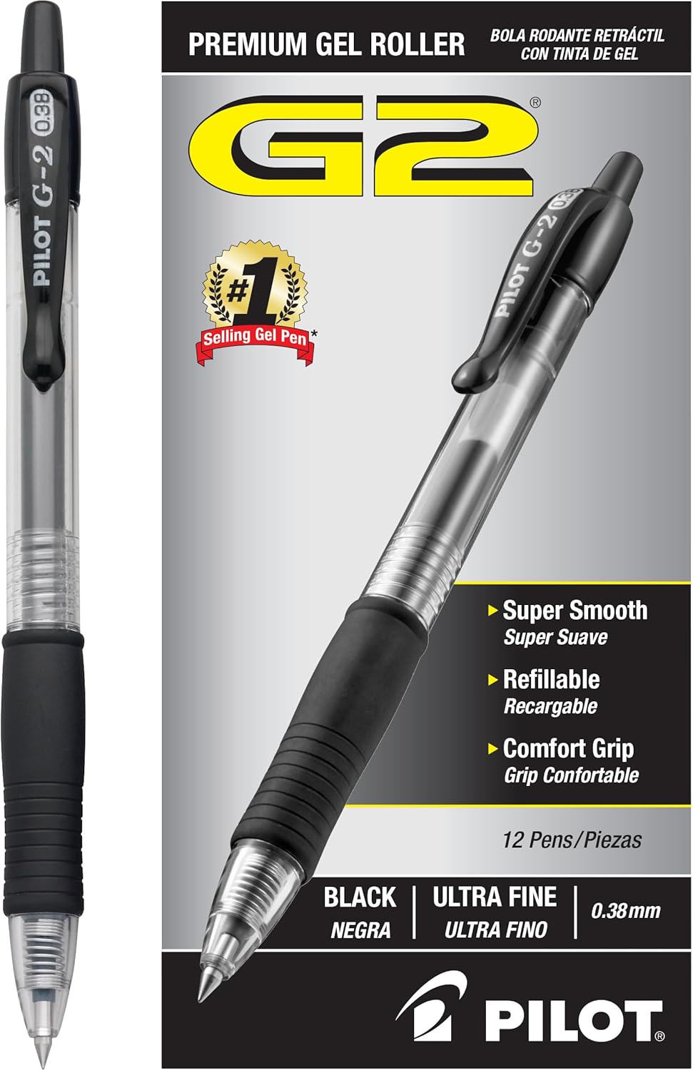 Pilot G2 Premium Refillable and Retractable Rolling Ball Gel Pens, Ultra Fine Point, Gel Ink Pens, 0.38mm, Black Ink, 12-Pack - Image 2