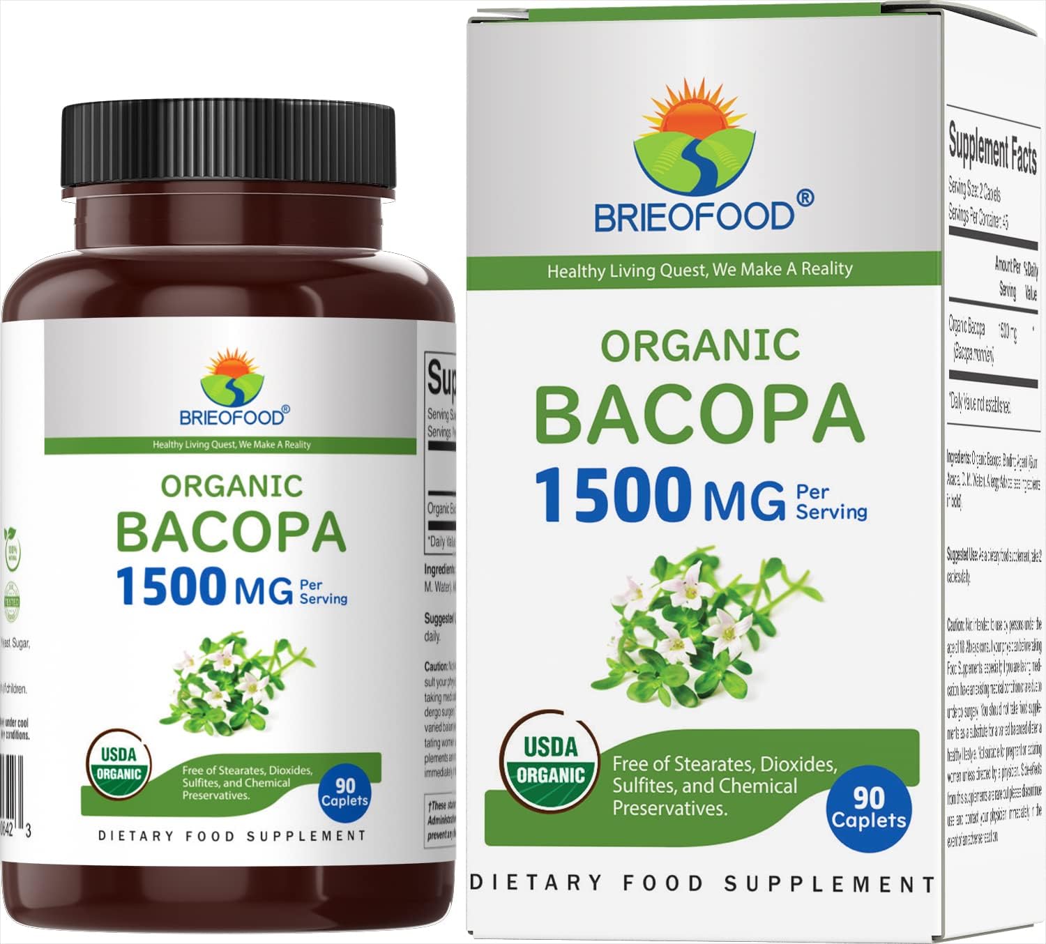 Brieofood Organic Bacopa 1500mg front view bottle for memory support