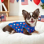 Small dog wearing red white and blue star pattern tank top