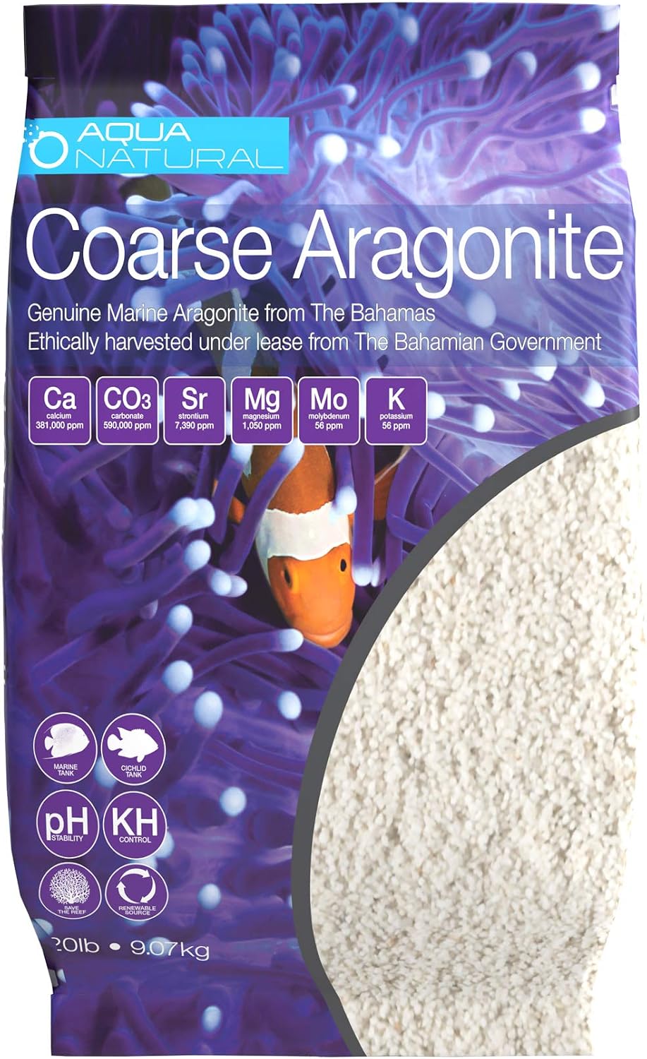Aqua Natural Coarse Aragonite 20lb bag front view for marine aquariums