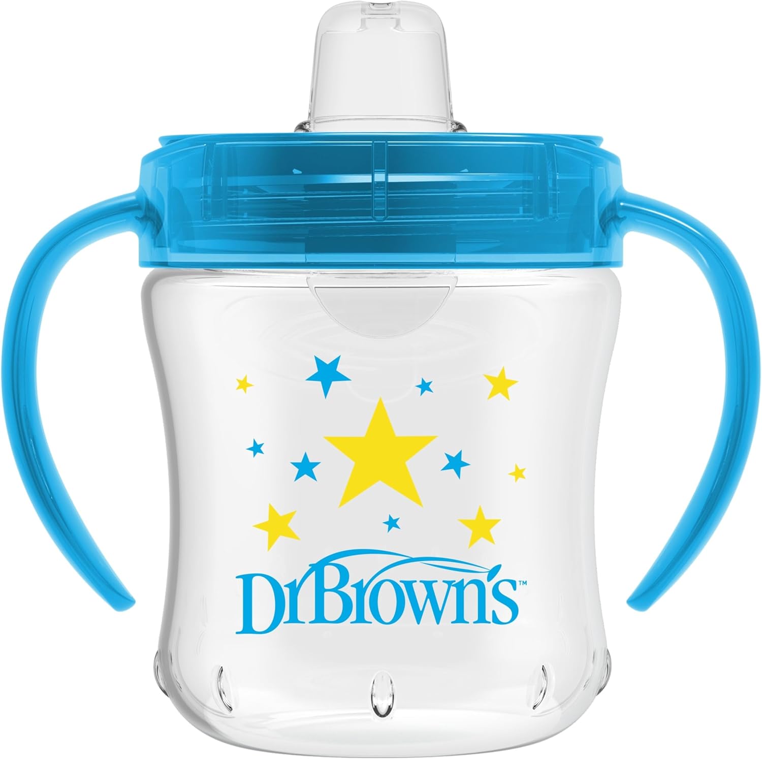Dr. Brown's Milestones Soft Spout Sippy Cup front view showing blue star print and handles.
