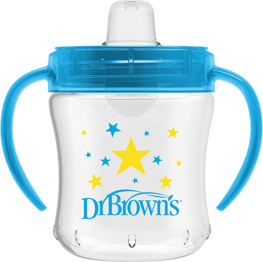 Dr. Brown's Milestones Soft Spout Sippy Cup front view showing blue star print and handles.