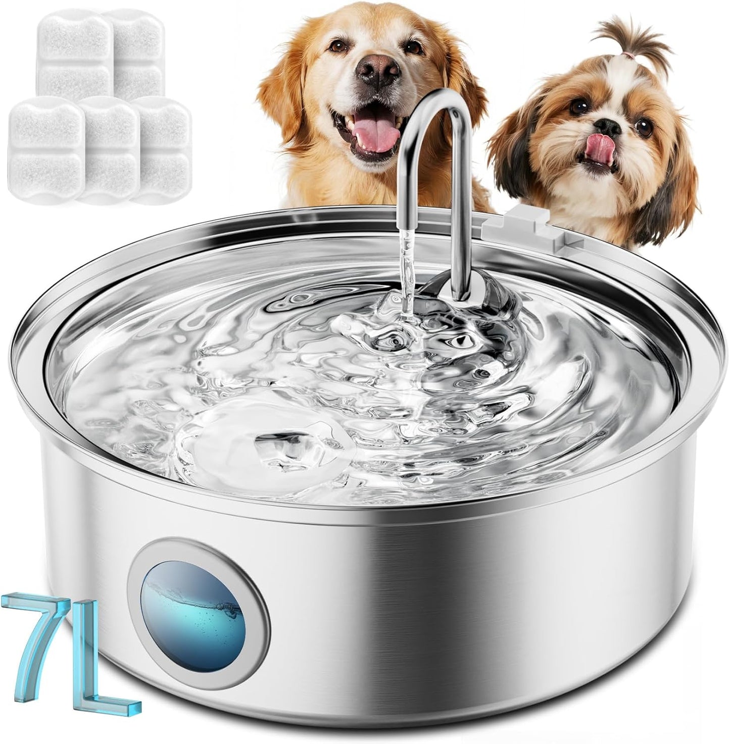 oneisall Dog Water Fountain Stainless Steel for Large/Medium Dogs,7L/230oz Pet Fountain with Visual Water Level,Ultra-Quiet Water Bowl with 5-Stage Filtration,Dispenser for Living Room Kitchen - Image 10