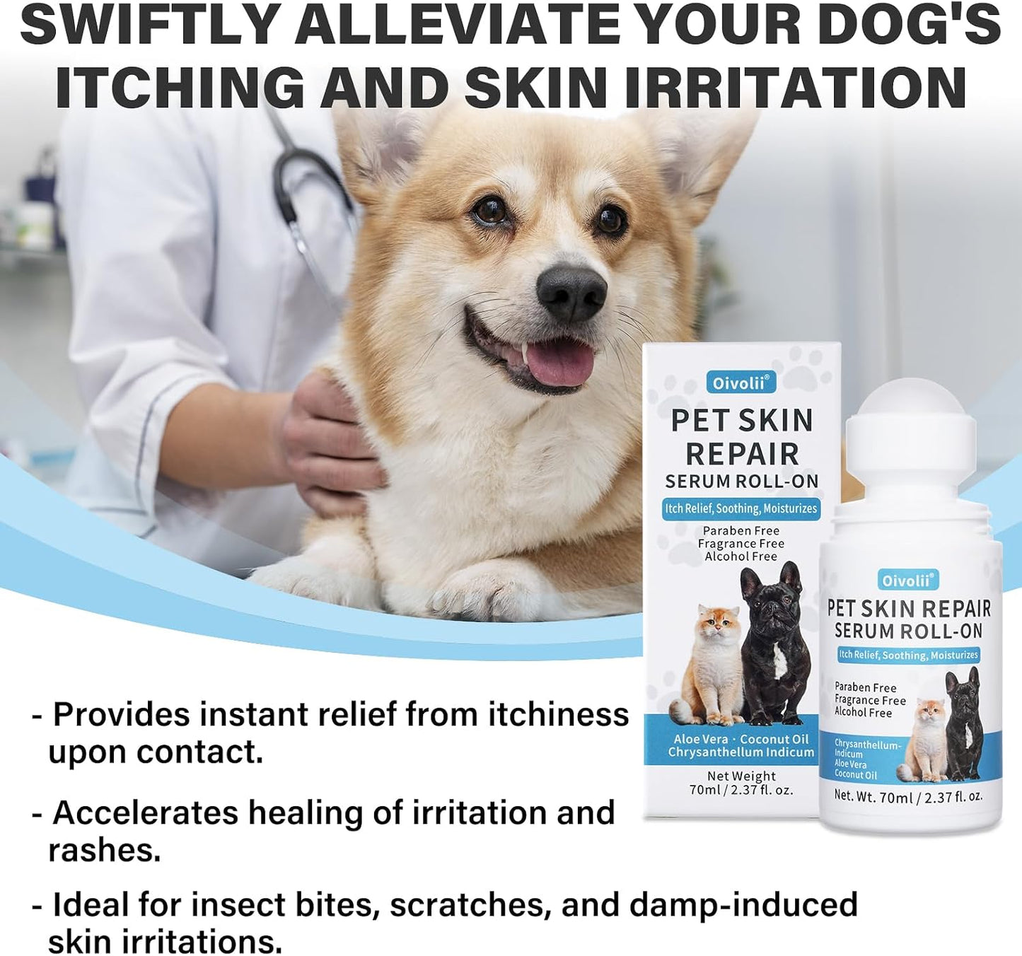 Oivolii anti itch serum before and after results showing healthy fur regrowth on a cat.