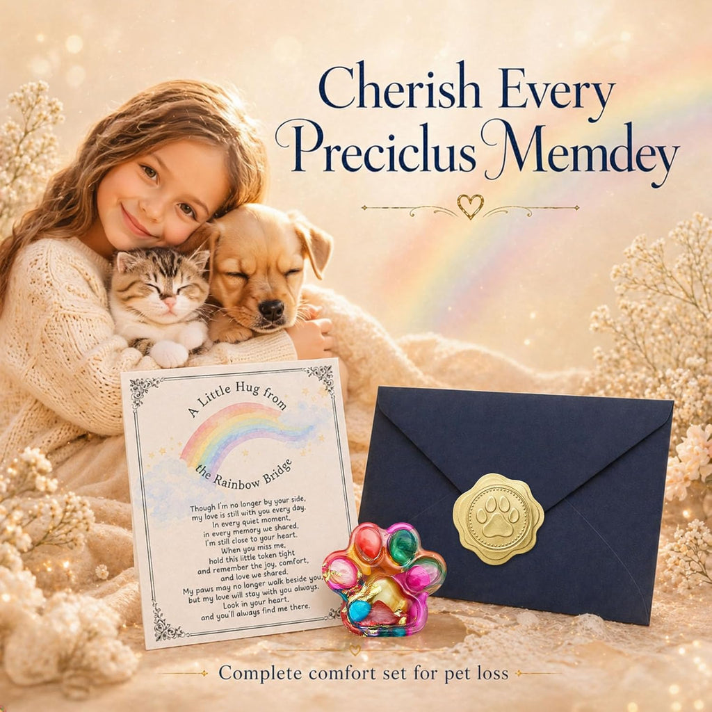 CYLDGNS pet loss sympathy gift featuring multi colored resin paw keepsake held in palm for size reference