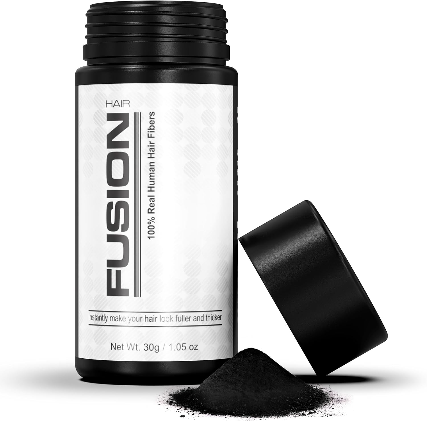 HairFusion real human hair building fibers black front view bottle for thinning hair concealment