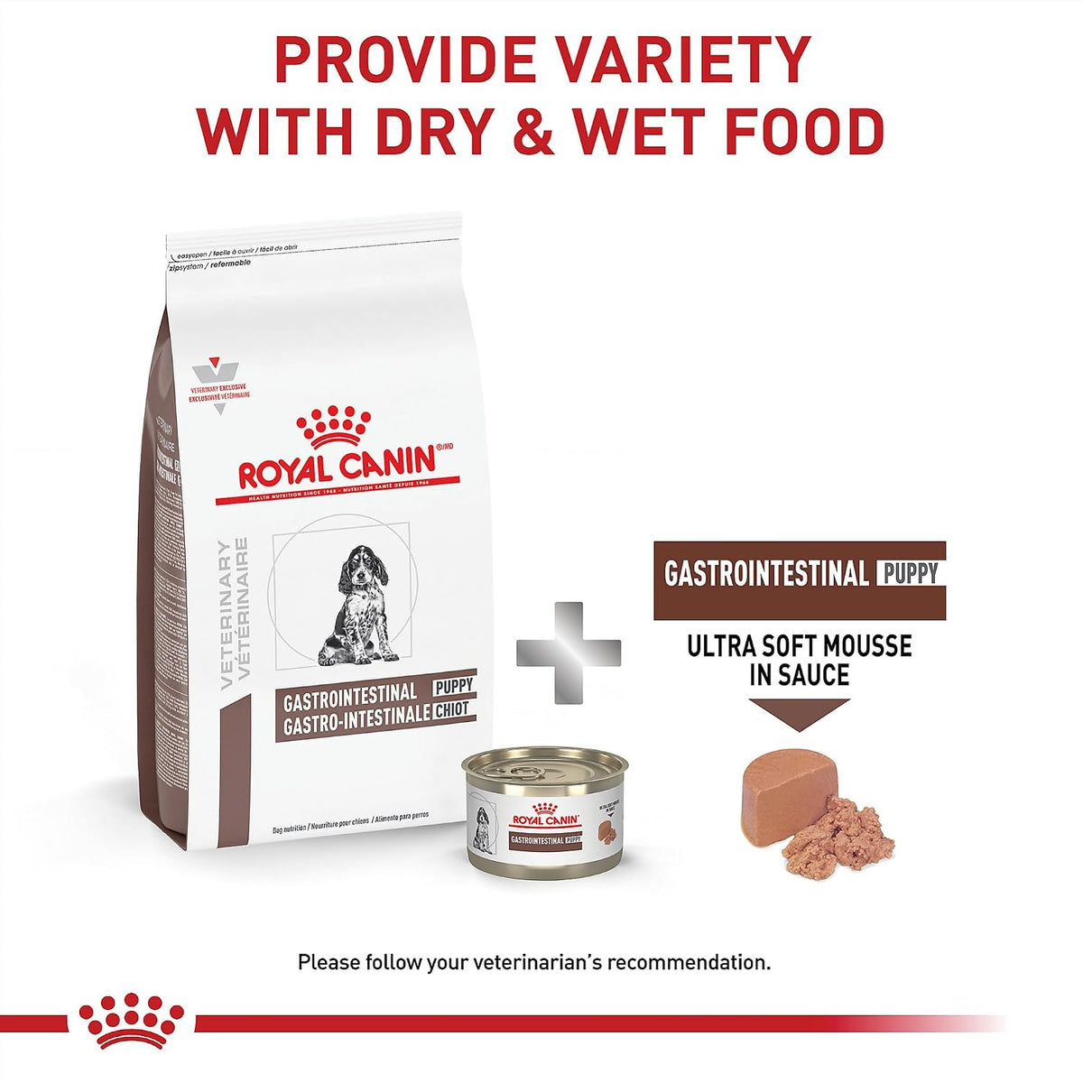 Side view of Royal Canin Canine Gastrointestinal Puppy dry dog food packaging showing nutritional guarantee details