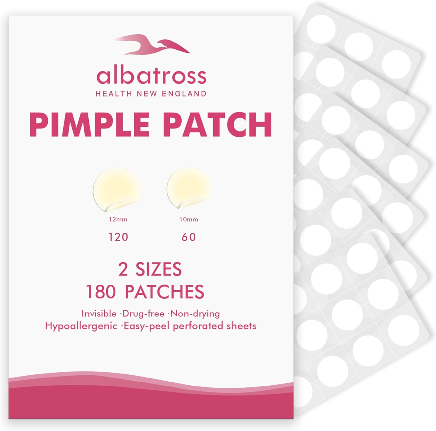 Albatross Health New England invisible pimple patches front package view showing 180 count acne spot dots