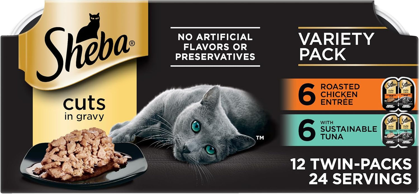 Sheba Perfect Portions Wet Cat Food Cuts in Gravy, Cat Food Wet Recipe, Roasted Chicken Entree, with Sustainable Salmon, Tender Turkey Entree, 2.6 oz. Twin-Pack Trays (24 Count, 48 Servings) - Image 14