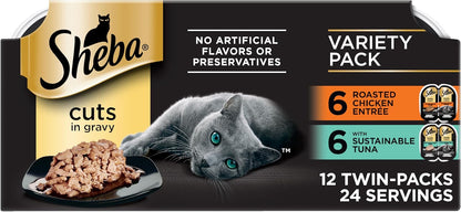 Sheba Perfect Portions Wet Cat Food Cuts in Gravy, Cat Food Wet Recipe, Roasted Chicken Entree, with Sustainable Salmon, Tender Turkey Entree, 2.6 oz. Twin-Pack Trays (24 Count, 48 Servings) - Image 14