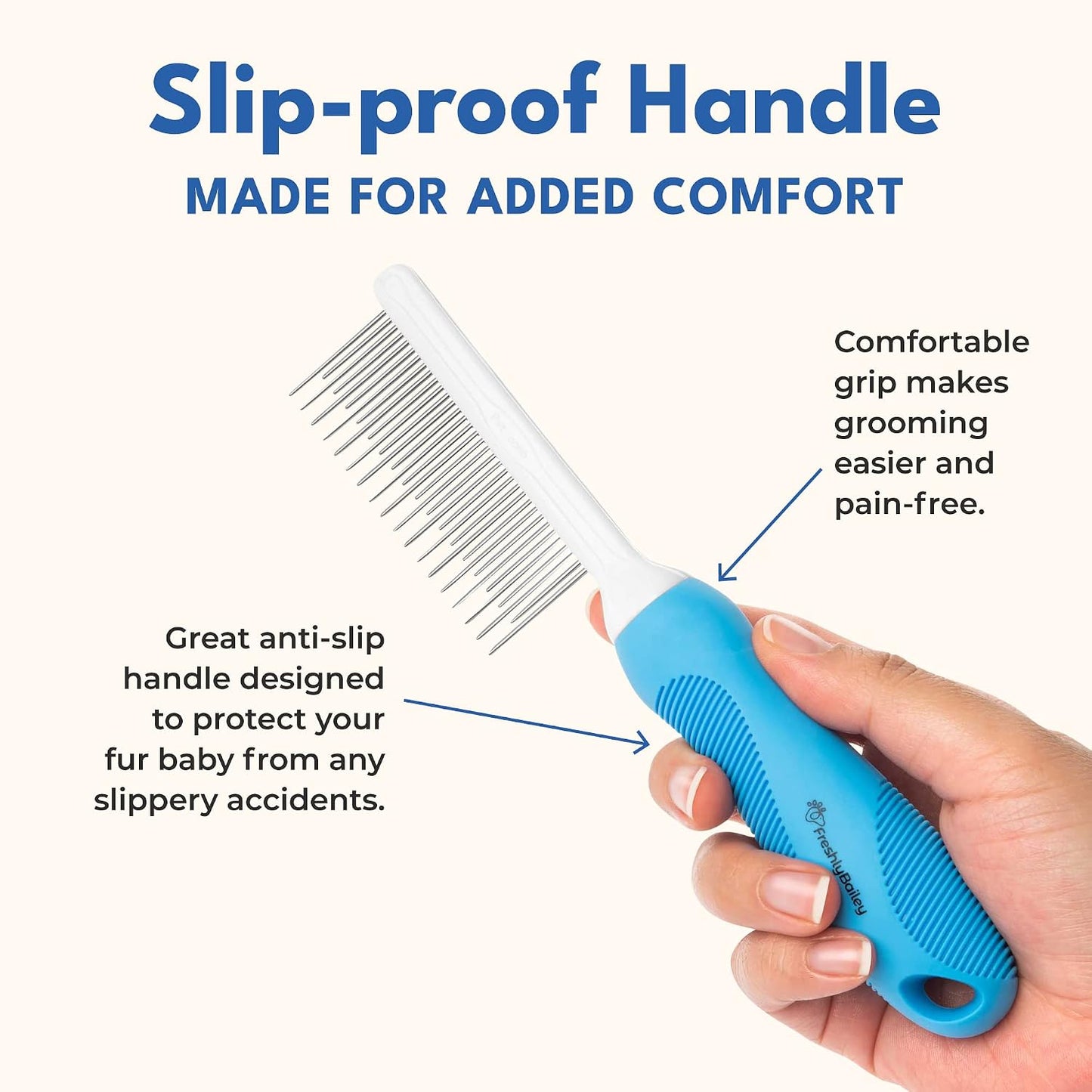 Close up of the rounded safety tips on the Freshly Bailey pet dematting tool for skin protection