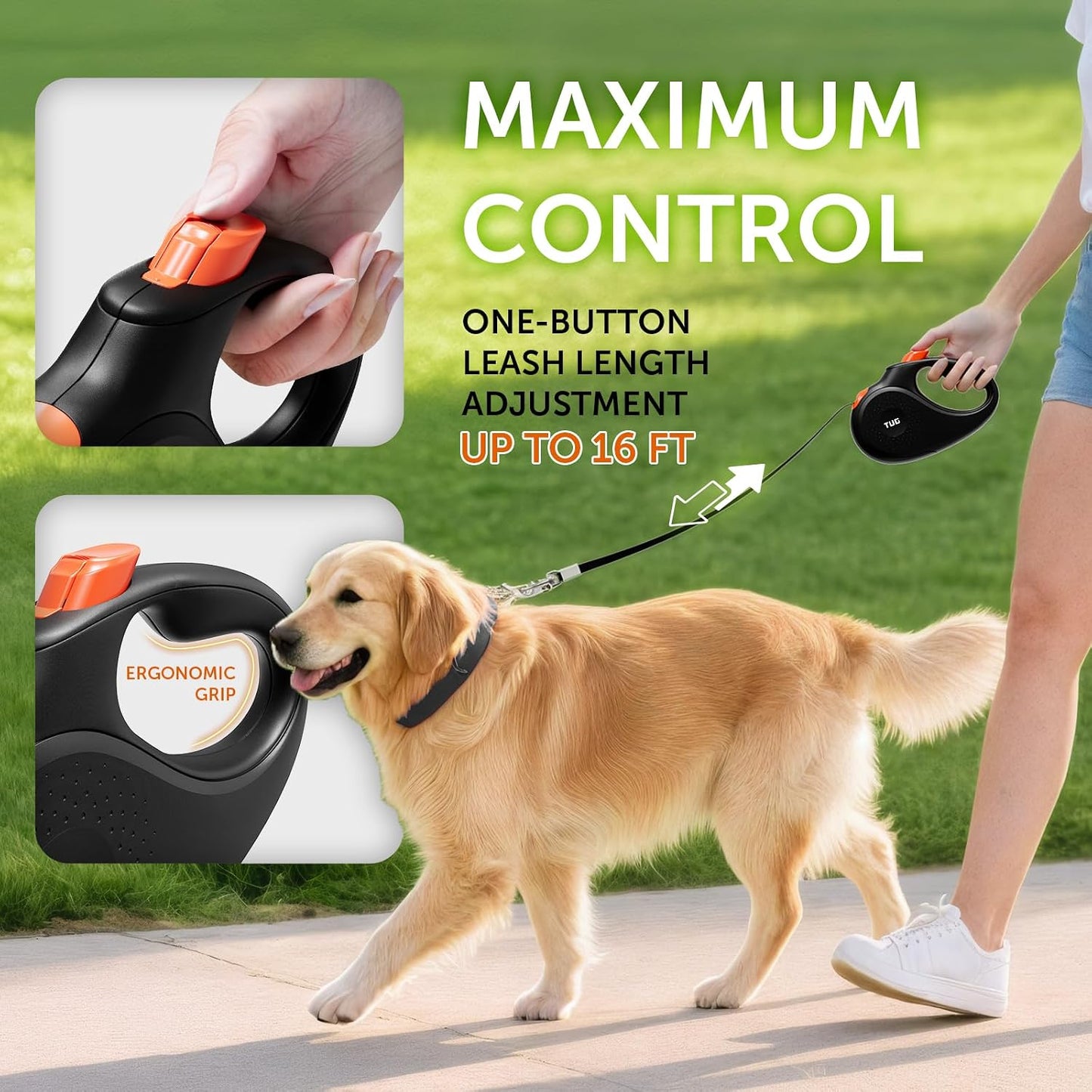 TUG retractable dog leash side profile showing nylon tape