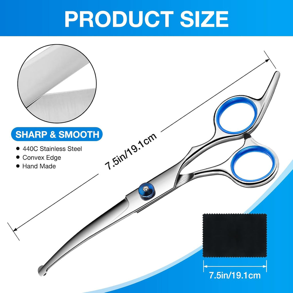 Goritz pet grooming scissors showing safety rounded tips and blue finger inserts