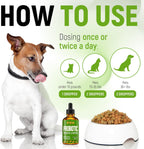 Golden Paw digestive health formula liquid drops being added directly to dog food bowl.