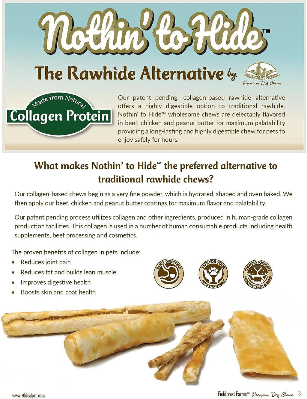 Fieldcrest Farms digestible collagen dog chews package contents showing 12 count pack.