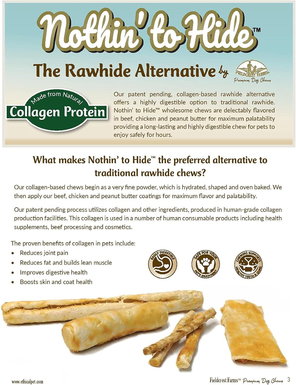 Fieldcrest Farms digestible collagen dog chews package contents showing 12 count pack.