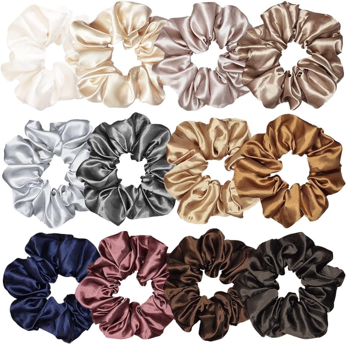 Sufermoe 12 piece satin silk scrunchies pack front view showcasing assorted multi-color hair ties