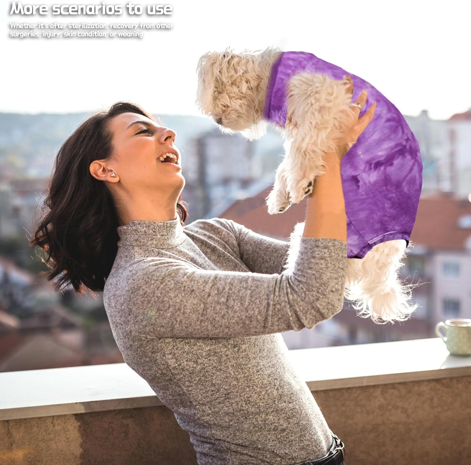 Hygienic pet recovery wear showing open rear litter box design