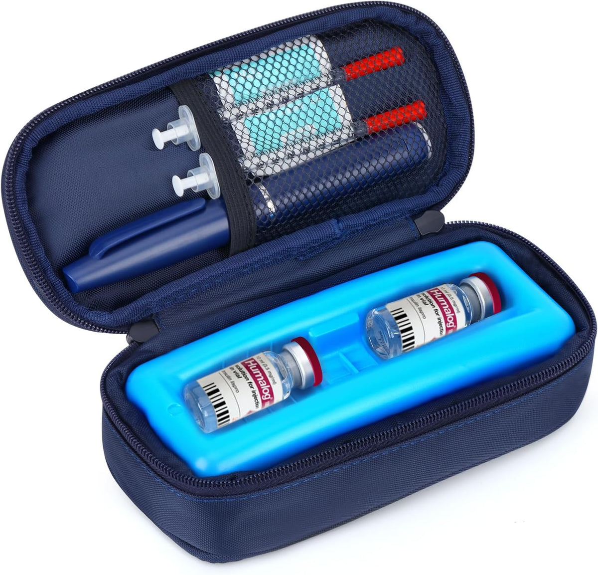 YOUSHARES insulin vials cooler travel case front view showing navy blue exterior and temperature display window.