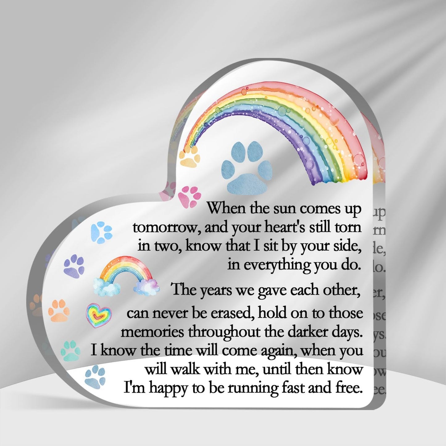 Rainbow Bridge quote detail on clear heart acrylic decor