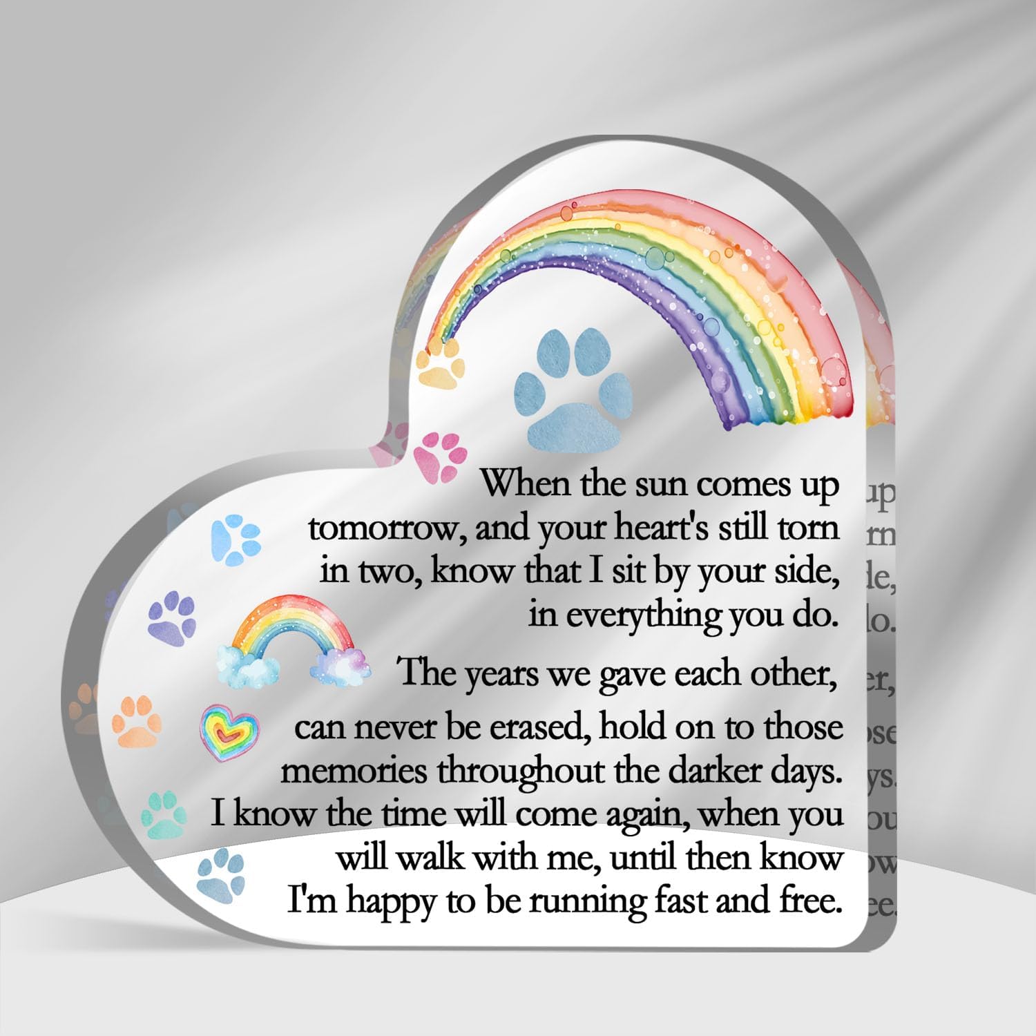 Rainbow Bridge quote detail on clear heart acrylic decor
