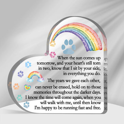 Rainbow Bridge quote detail on clear heart acrylic decor