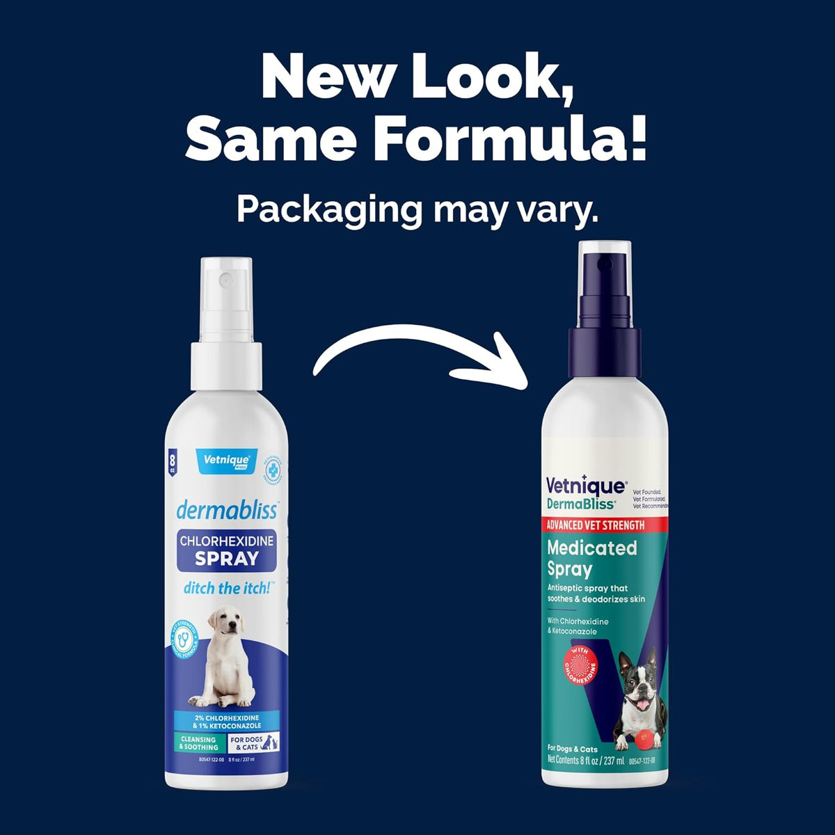 Vetnique Dermabliss Chlorhexidine Spray bottle showing active ingredient labels