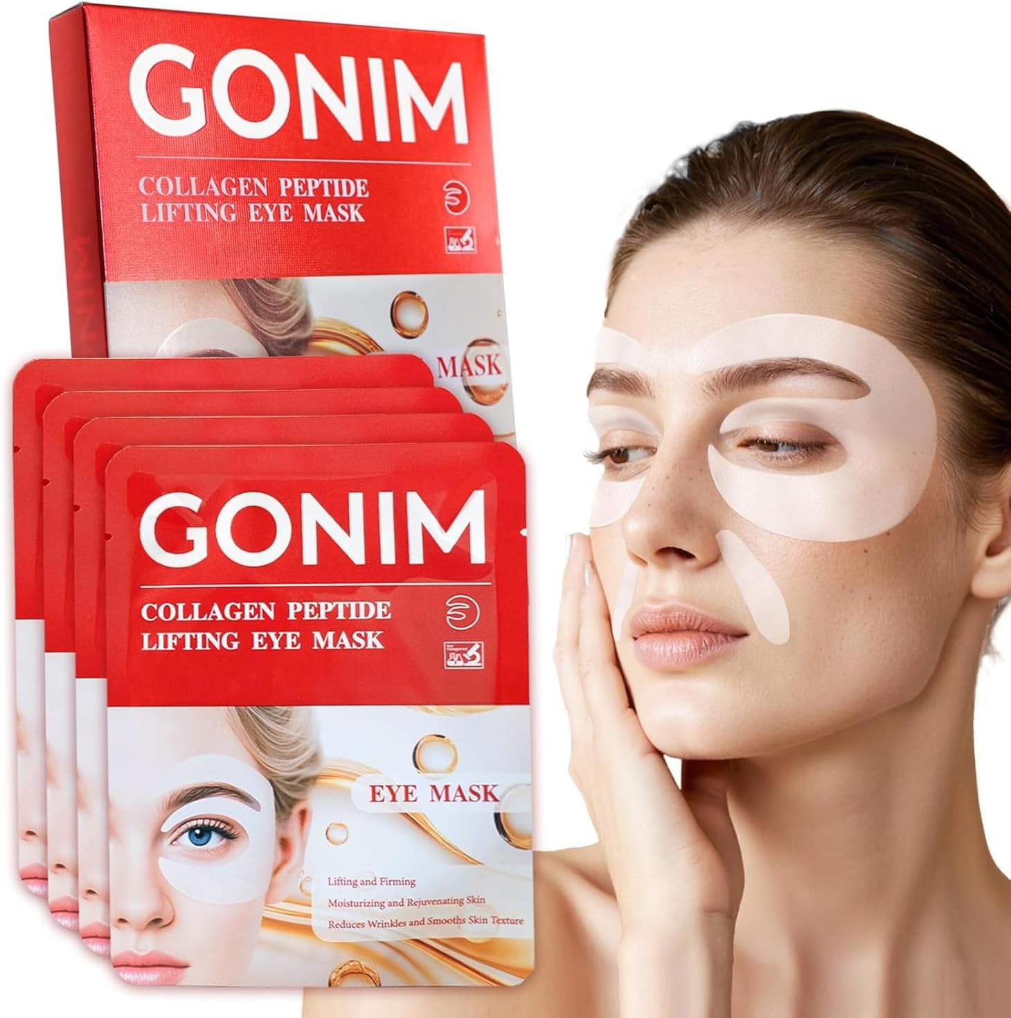 GONIM Under Eye Patches 360 Fit packaging front view showing authentic anti-aging eye masks.