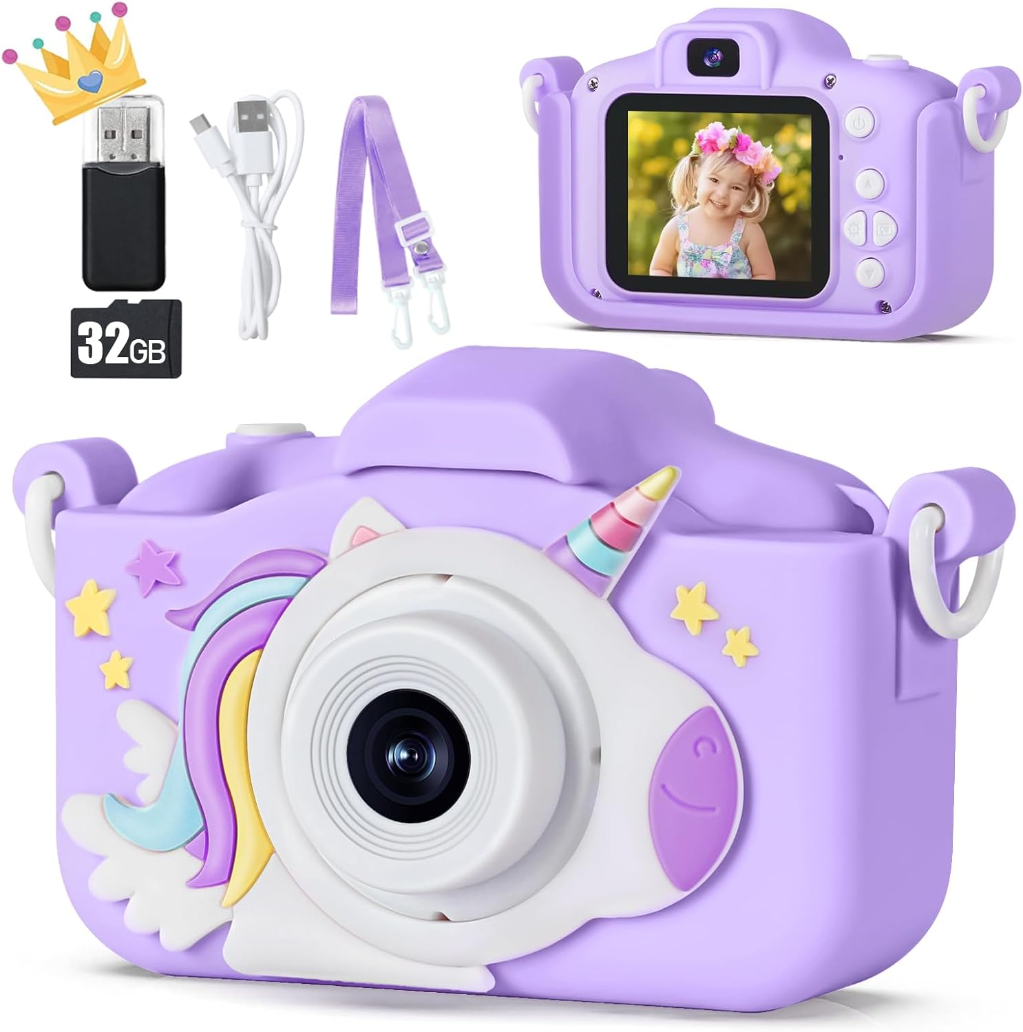 KIZJORYA upgraded kids digital camera front view showing purple unicorn silicone protective cover