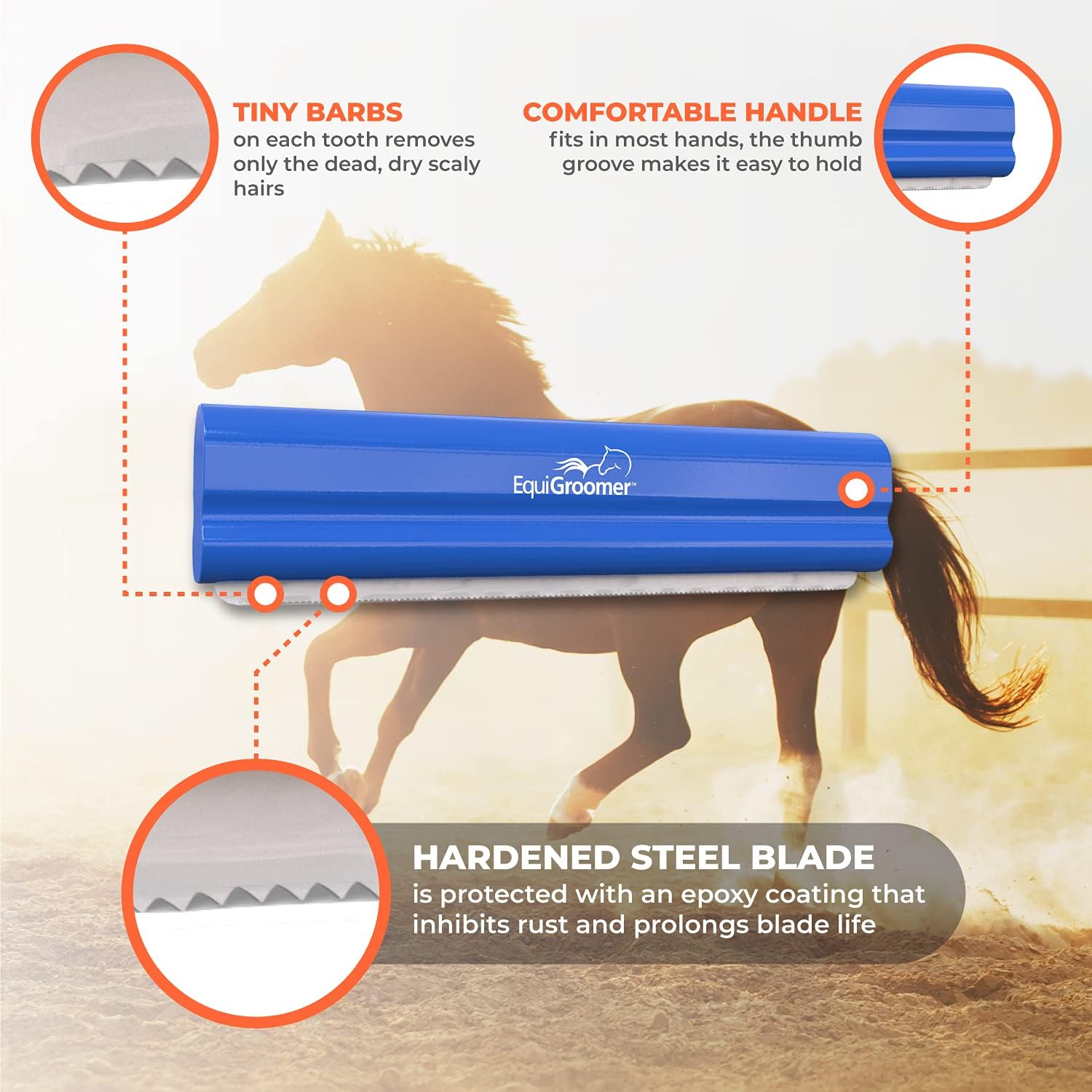Grooming tool removing loose undercoat fur from a large dog