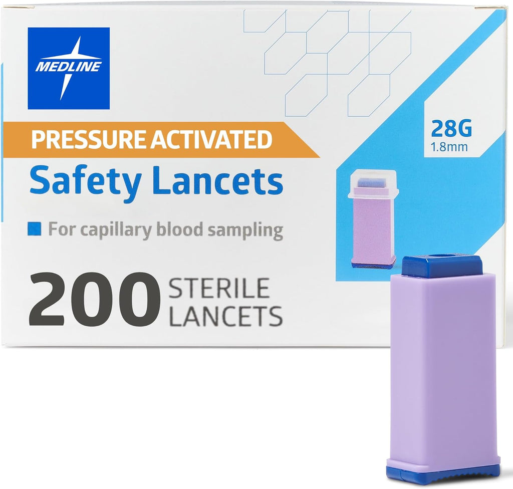 Medline sterile safety lancets box front view showing two hundred count details for authentic blood glucose testing supplies.