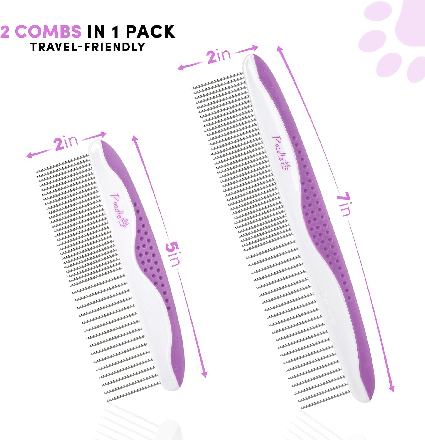 Close up of the dual spaced stainless steel pins on the purple POODLIE pet grooming comb
