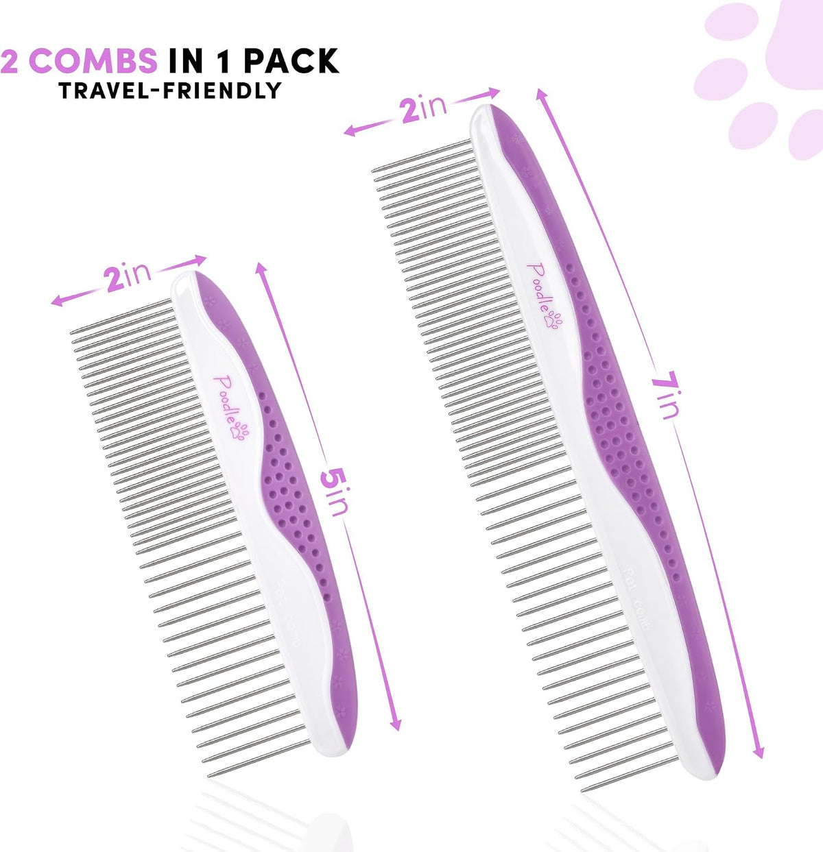 Close up of the dual spaced stainless steel pins on the purple POODLIE pet grooming comb