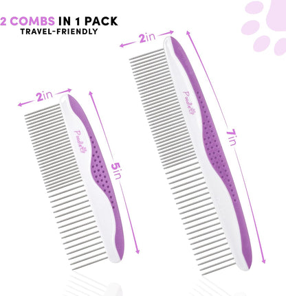 Close up of the dual spaced stainless steel pins on the purple POODLIE pet grooming comb