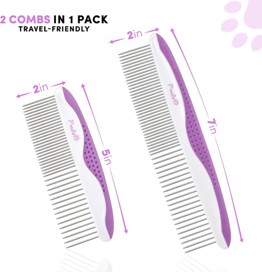 Close up of the dual spaced stainless steel pins on the purple POODLIE pet grooming comb