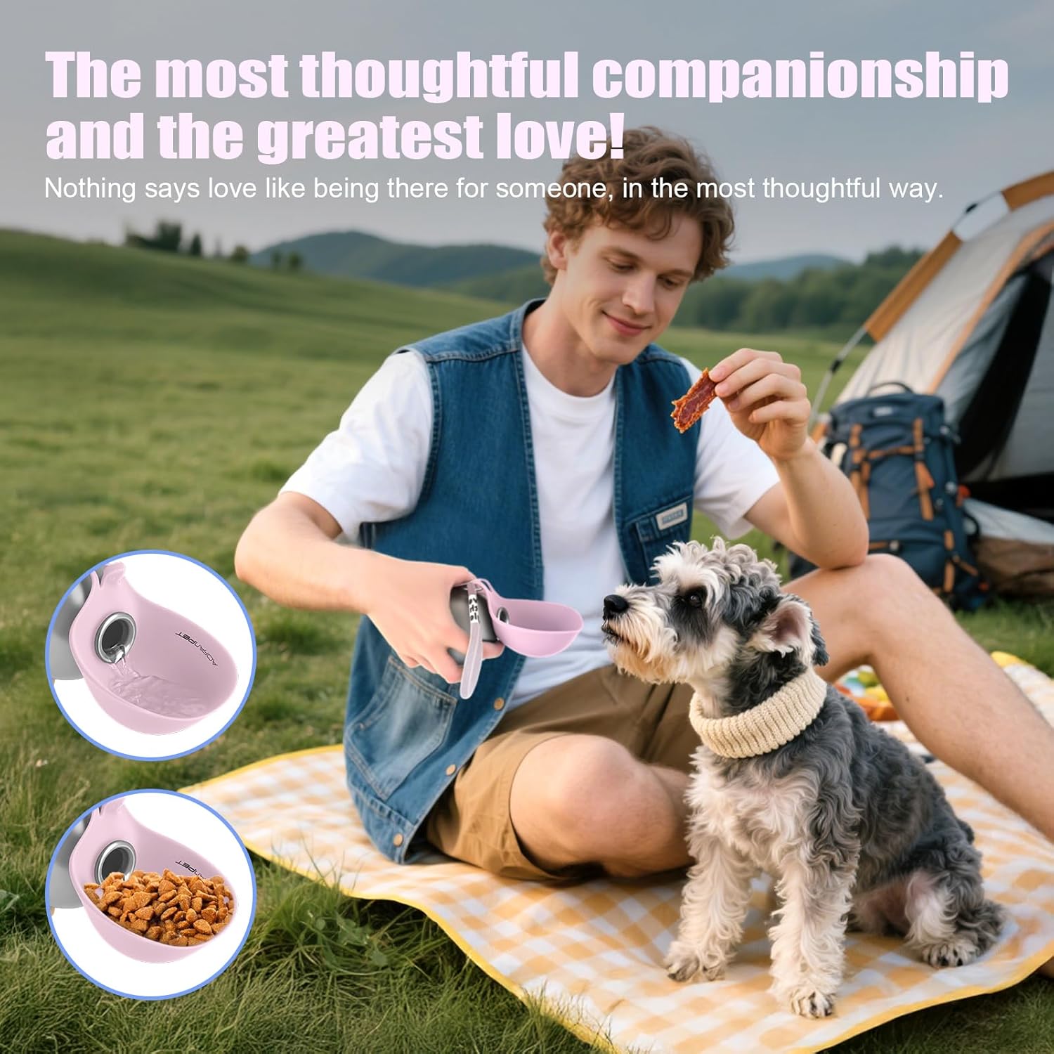 Lightweight 10 ounce puppy water flask being held by carry rope
