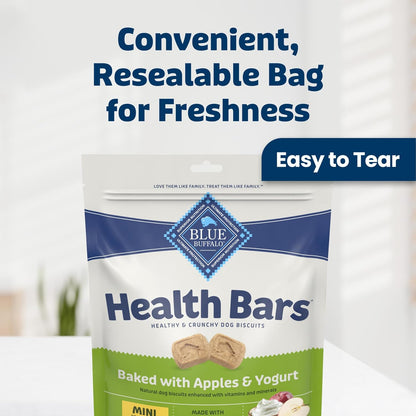 Authentic USA imported Blue Buffalo health bars sixteen ounce bag side packaging layout.