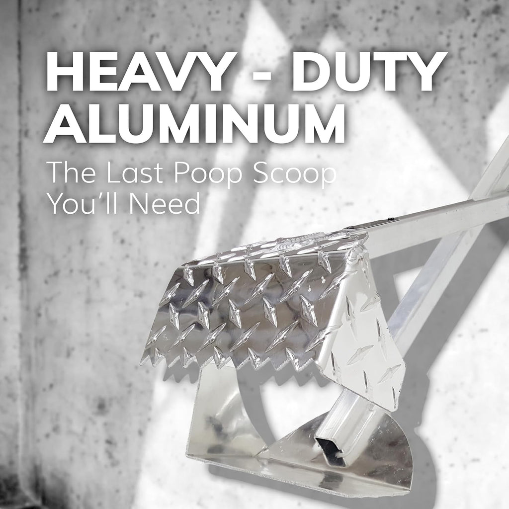 All aluminum metal pet waste shovel with diamond tread pattern close up