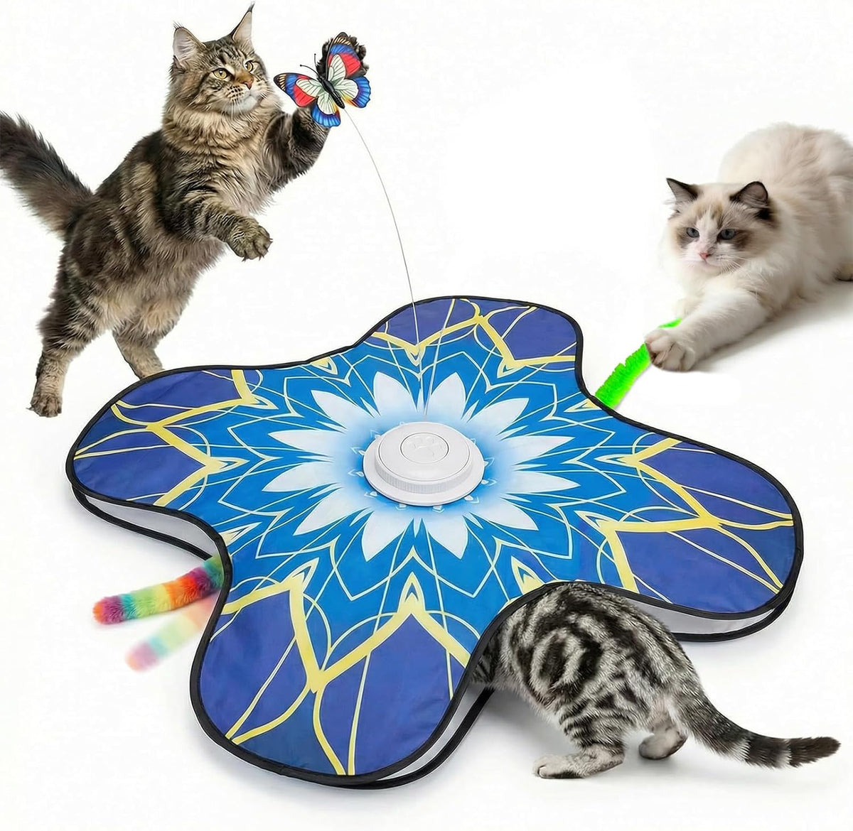 OPDEKEHA interactive cat toy electronic play mat front view showing blue floral fabric cover.