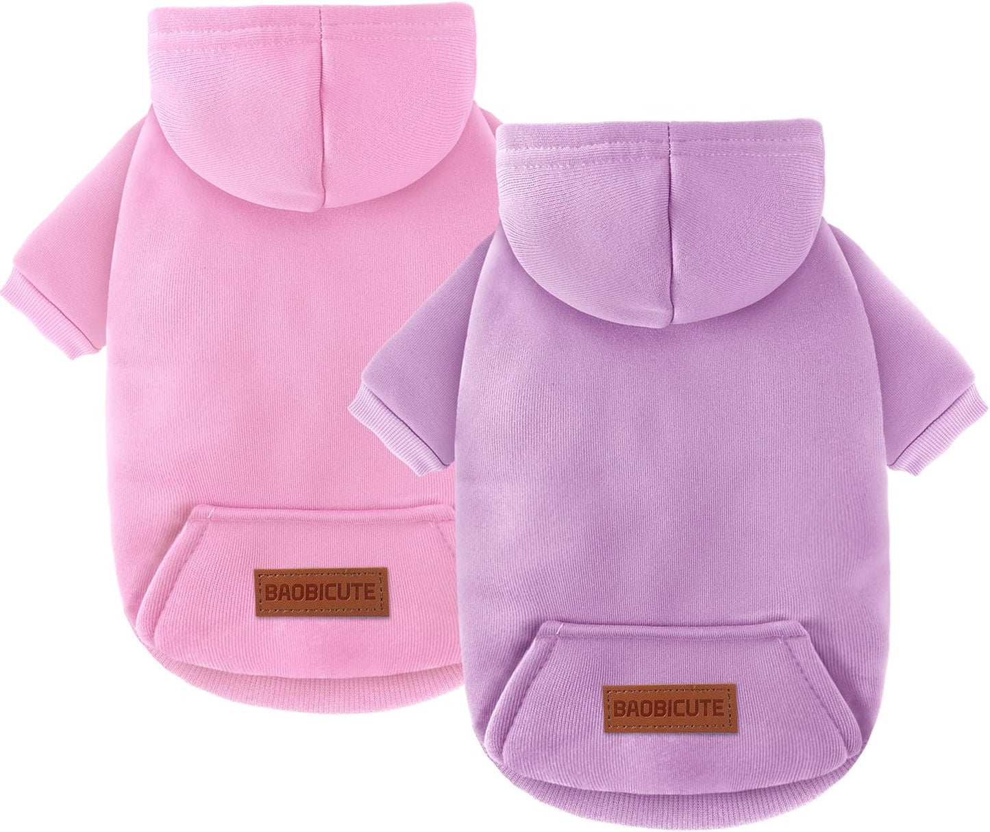 Baobicute dog hoodie 2-pack front view showing the pink and purple pet sweatshirts.