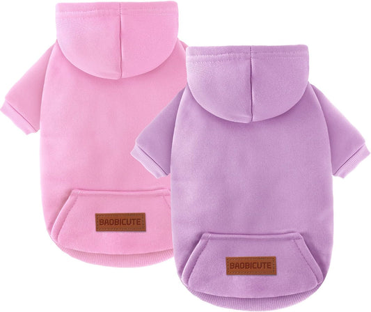 Baobicute dog hoodie 2-pack front view showing the pink and purple pet sweatshirts.