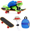 Yuanchu Bearded Dragon Clothes 3 Pack showing front view of miniature backpack, hat, and skateboard setup.