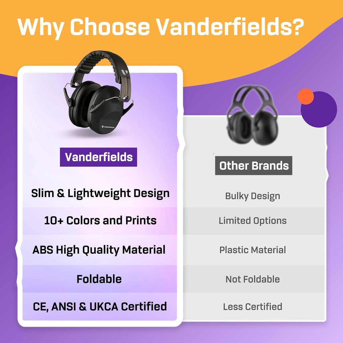 Vanderfields tactical shooting range ear muffs with durable matte black finish.