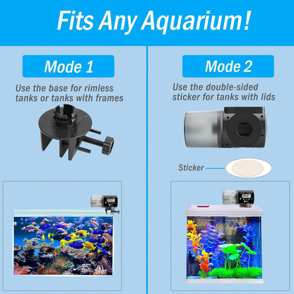 AquaMiracle aquarium timer showing the 360-degree rotatable bracket attached to a rimless tank frame
