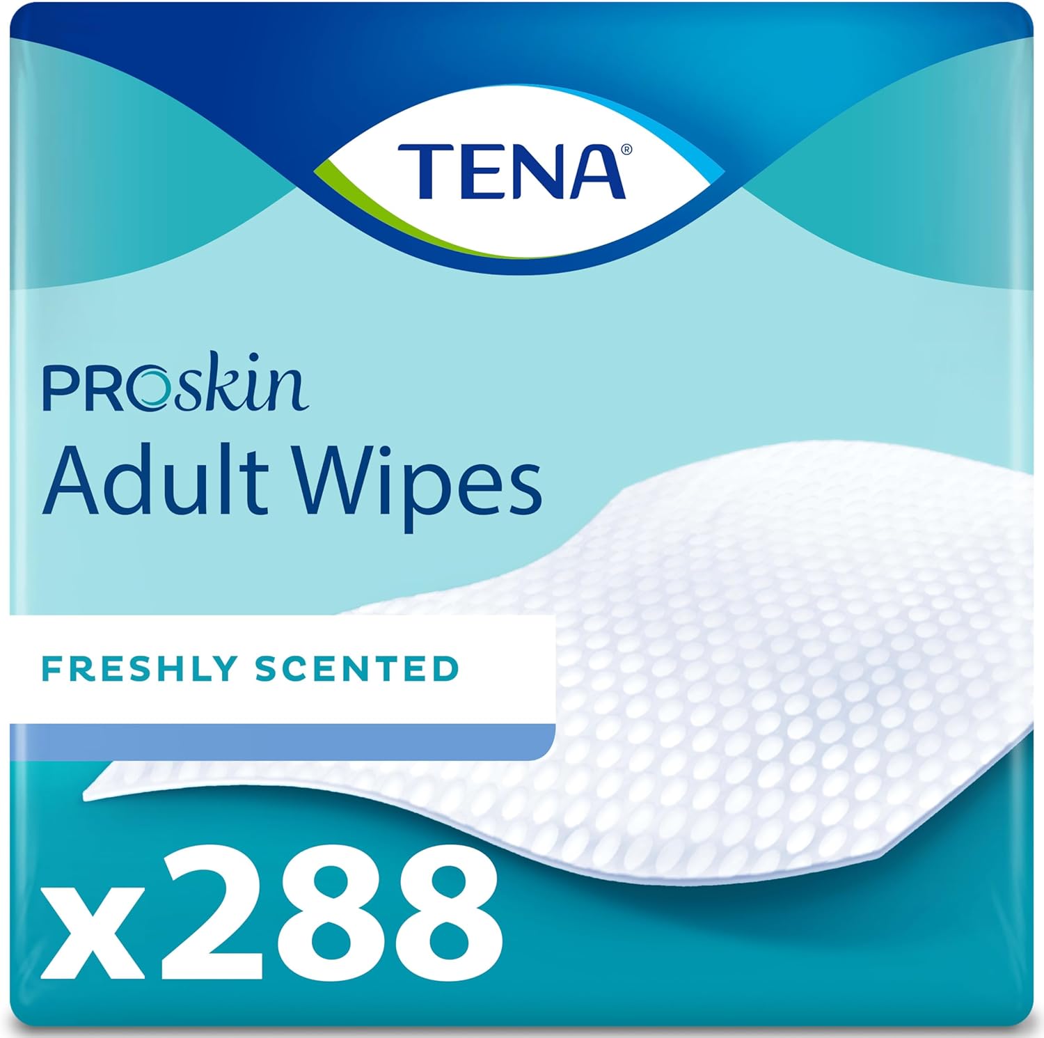 TENA ProSkin Ultra Adult Wipes 288 count front view of packaging for premium incontinence care.