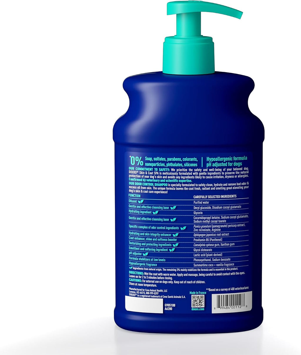 Blue bottle of Douxo Spa shampoo for dogs with teal pump