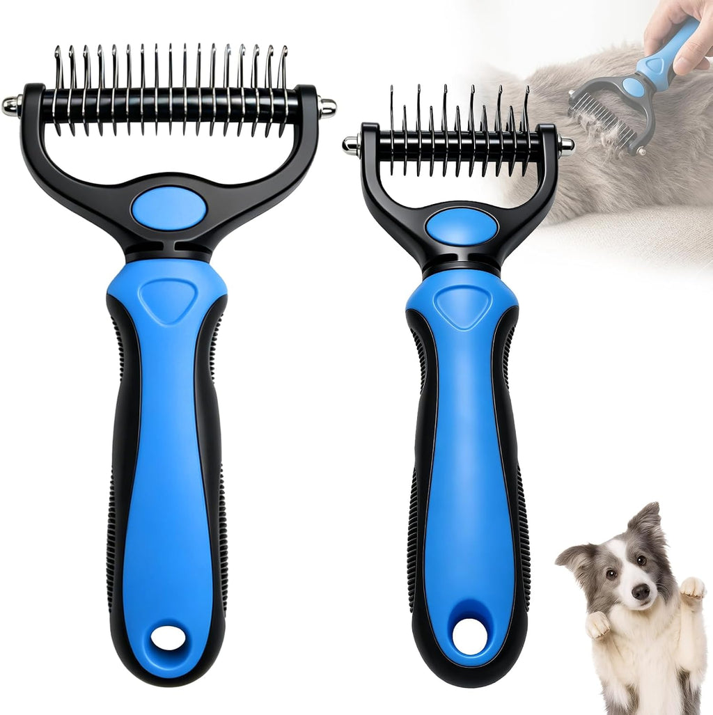 Pat Your Pet dematting comb showing double sided stainless steel teeth front view.