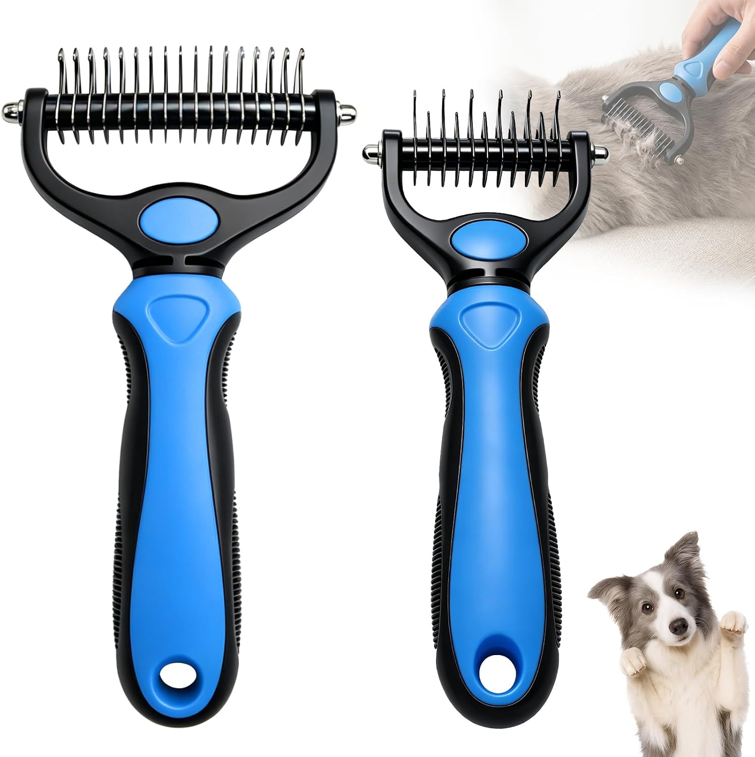Pat Your Pet dematting comb showing double sided stainless steel teeth front view.